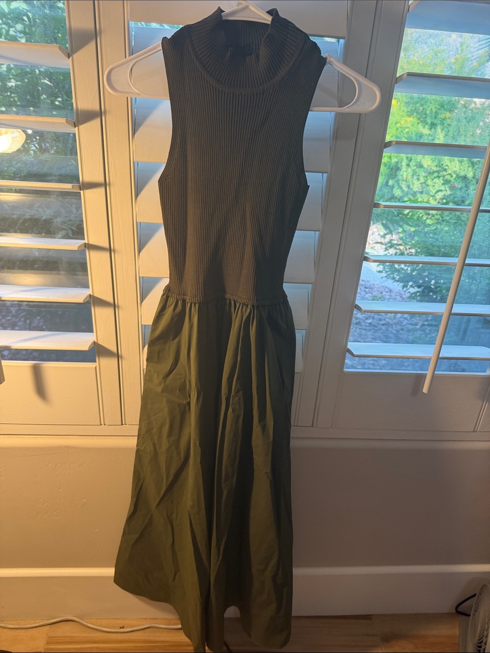Elan Olive Sleeveless Midi Dress with Ribbed Turtleneck